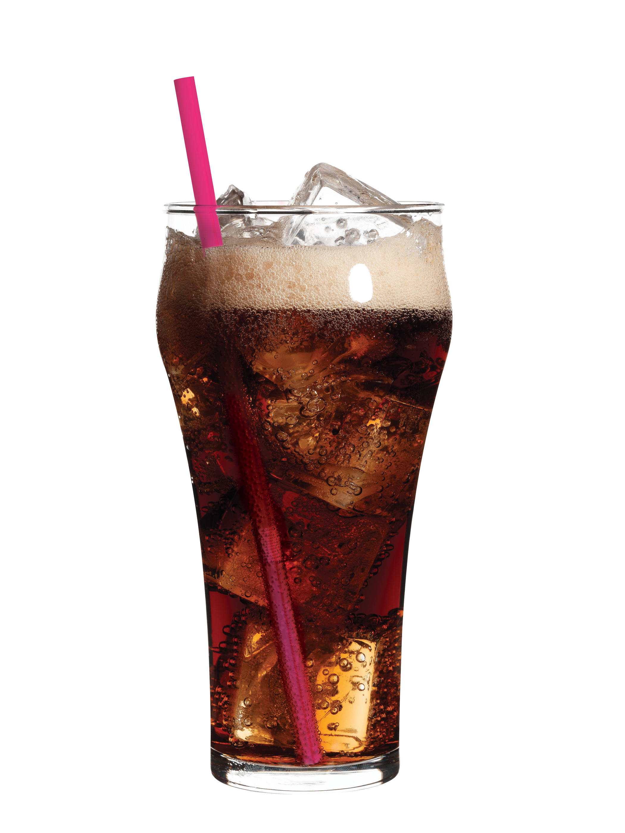 glass of soda with ice an pink straw